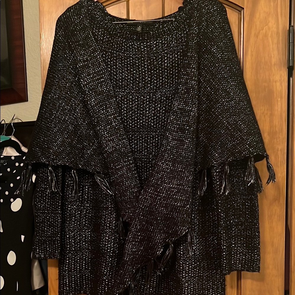 Black and White Knit Poncho with Fringe